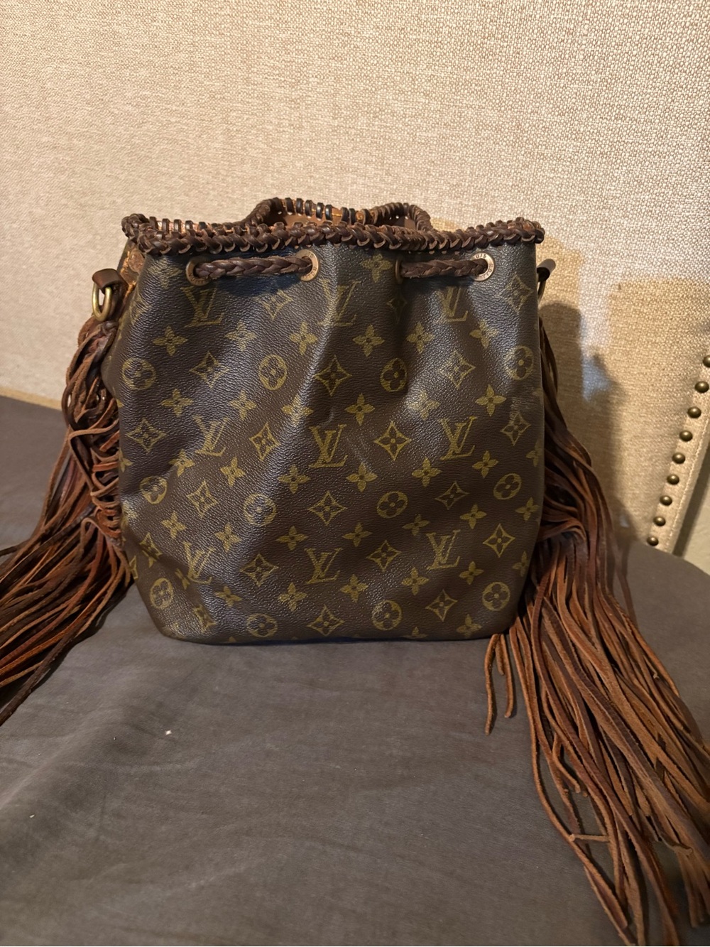 Louis Vuitton Monogram Fringe Drawstring Shoulder Bucket Bag in Brown
